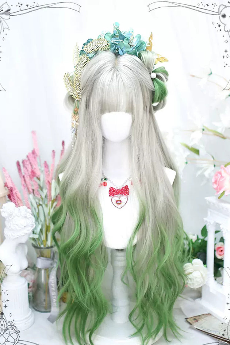 Gray/Green Gradient Color Secondary Long Curly Sweet Lolita Wigs - Gray/Green - 1