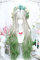 Gray/Green Gradient Color Secondary Long Curly Sweet Lolita Wigs - Gray/Green - 1