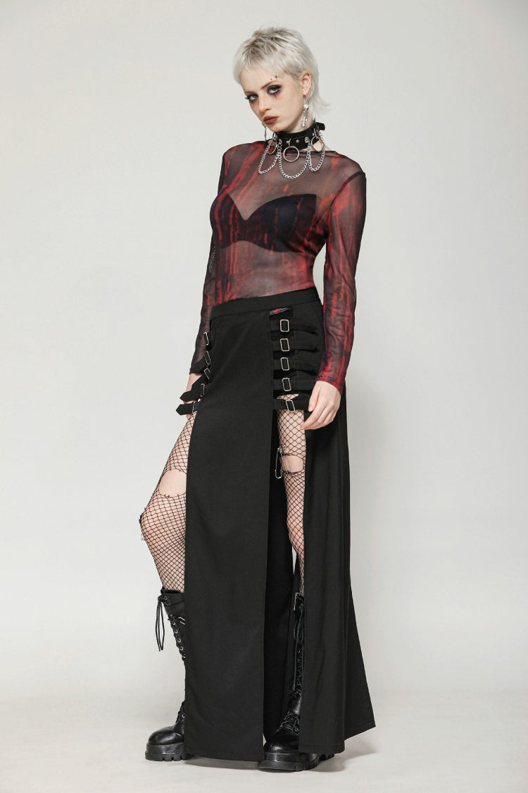 Black Buckled Zippered Women's Punk Side Slit Long Skirt - Product - 8