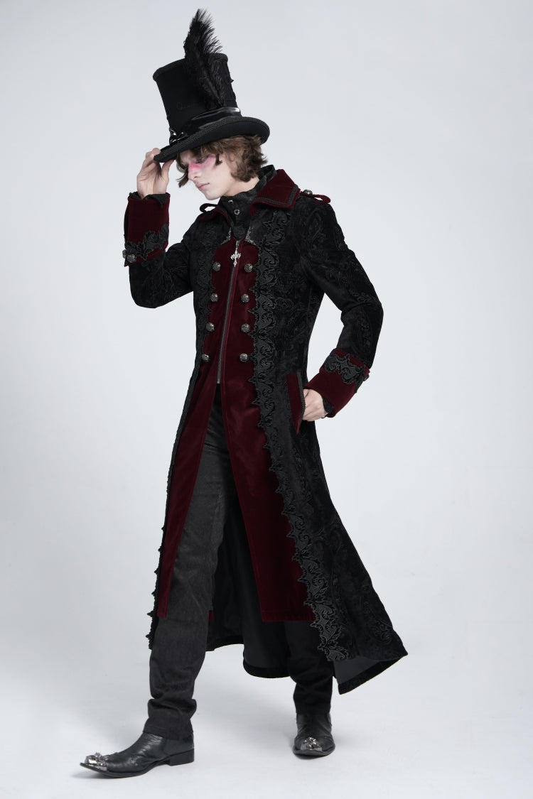 Black/Red Lapel Collar Embroidery Zipper Men's Gothic Handsome Coat - Product - 6