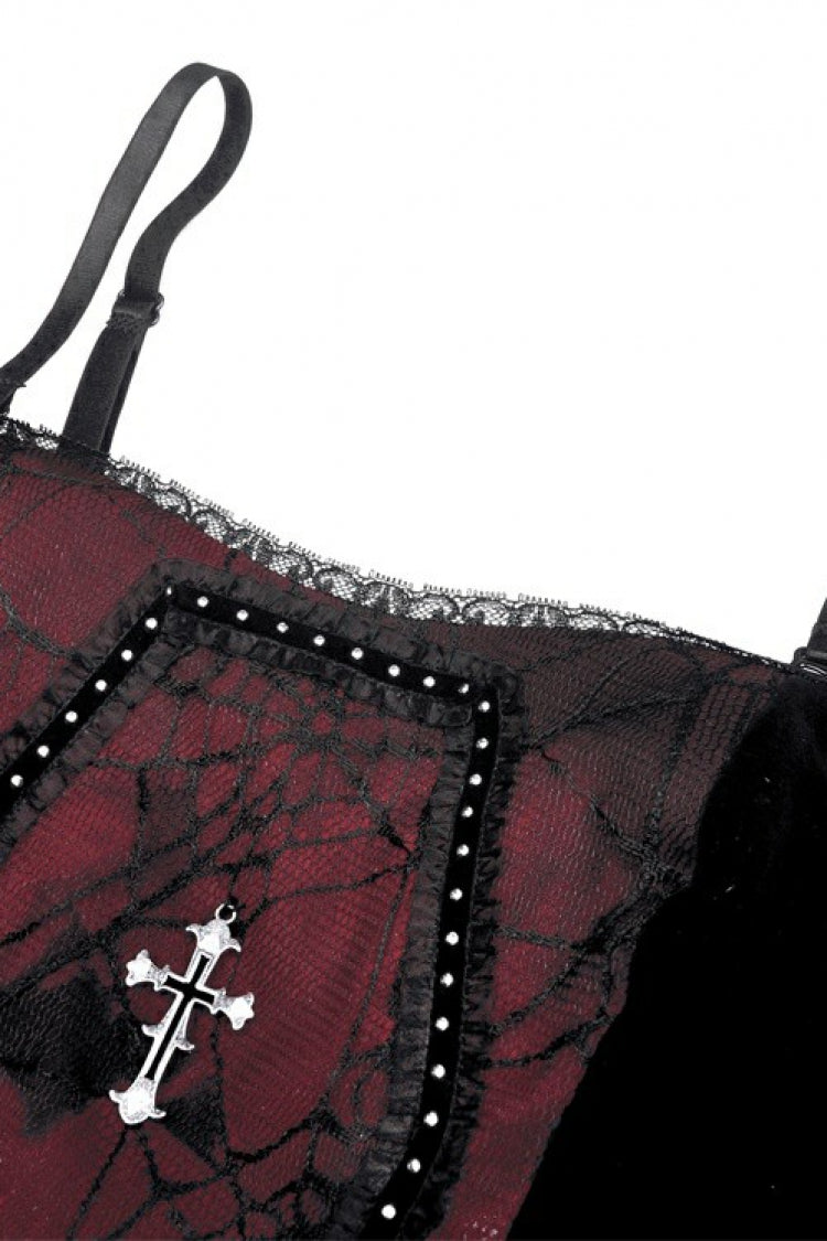 Dark Red Cross Shoulder Straps Jacquard Lace-Up Women's Gothic Overbust Corset - Product - 14