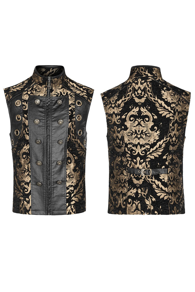 Men's Stand Collar Jacquard Print Stitching Metal Ring Decoration Gothic Vest 2 Colors - Product - 5