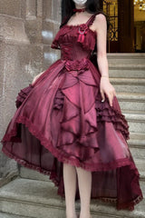 Red Square Collar Sleeveless Ruffled Bow Lace-Up Classic Elegant Princess Lolita Jsk Dress - Product - 2