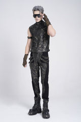 Black/Grey Faux Leather Stitching Buckle Men's Punk Pants - Product - 7