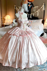 Pink [Softly Into Dreams] Halterneck Sleeveless Double-Layered Printed Ruffled Bow Lace Sweet Elegant Princess Gorgeous Lolita Jsk Long Dress - Product - 3