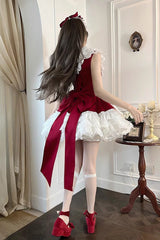 Red [Miss Tsundere] Sleeveless Multi-Layered Ruffle Bowknot Lace Asymmetric Sweet Princess Lolita Dress - Product - 6