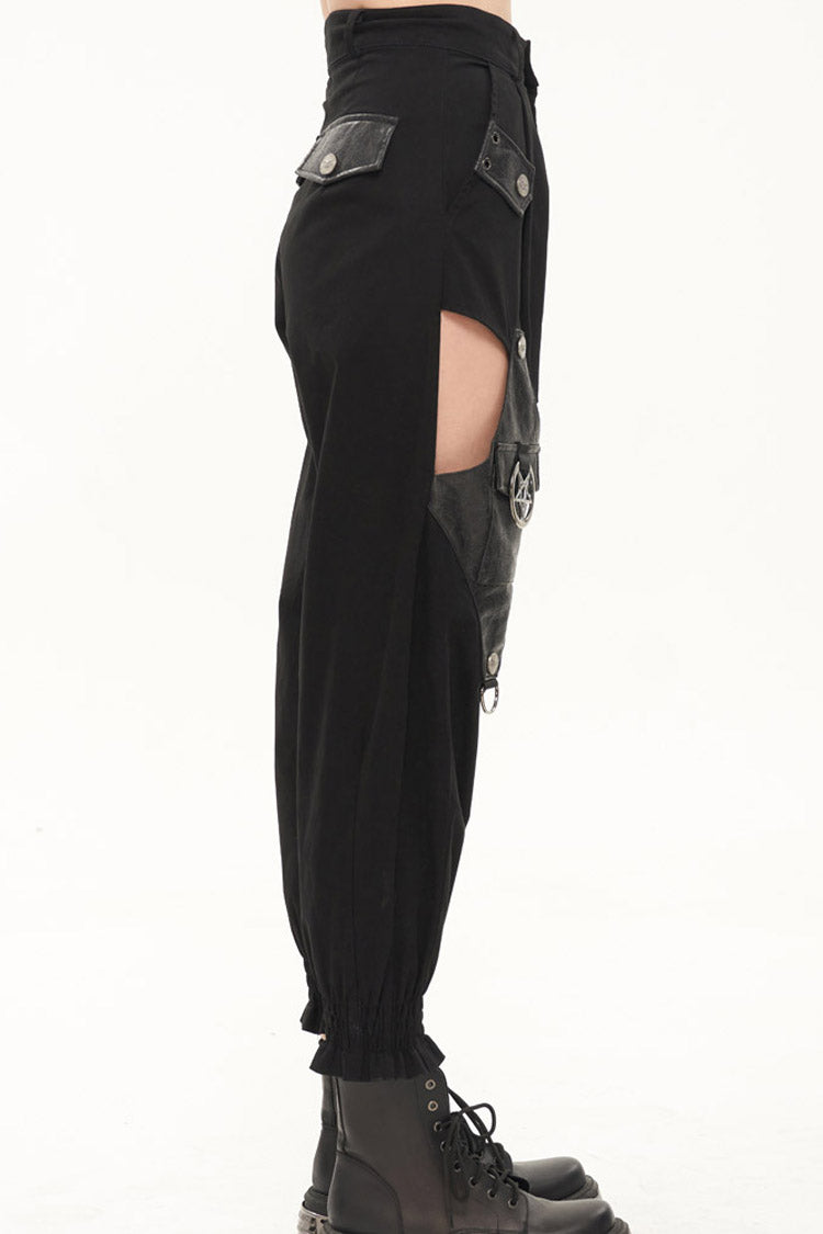 Black Punk Cutout Leather Splicing Detachable Metal Chain Women's Long Pants - Product - 3