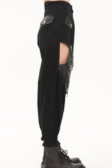 Black Punk Cutout Leather Splicing Detachable Metal Chain Women's Long Pants - Product - 3