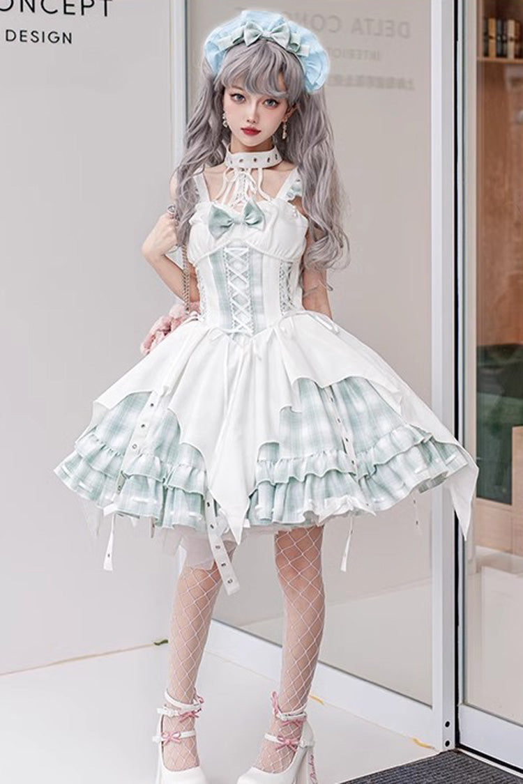 Rock Radio Wave Irregular Subculture Grid Print Bowknot Stitching Gothic Lolita Dress 3 Colors - White Green - 4