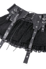 Black Faux Leather Spliced Lace Lace-Up Women's Punk Mini Skirt - Product - 13