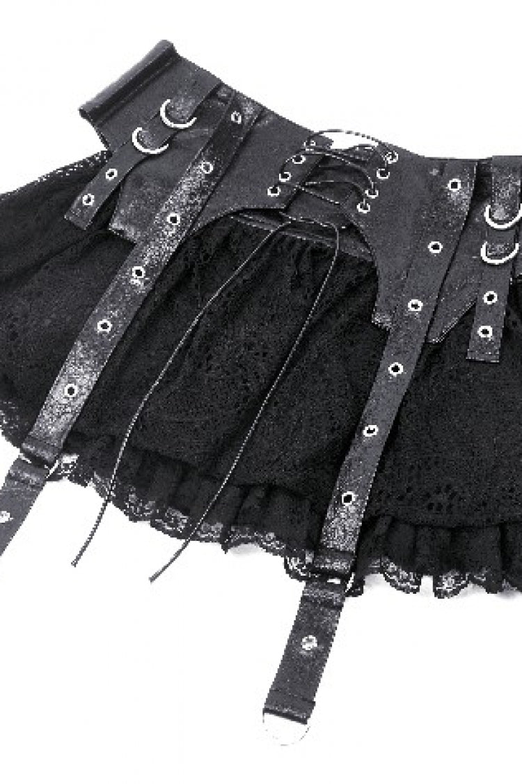 Black Faux Leather Spliced Lace Lace-Up Women's Punk Mini Skirt - Product - 13