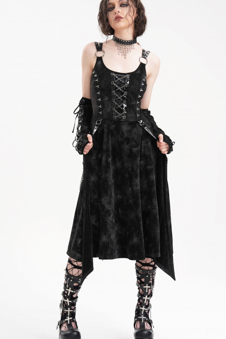 Black Chains Rings Lace-Up Women's Gothic Slip Dress with Gloves - Product - 2