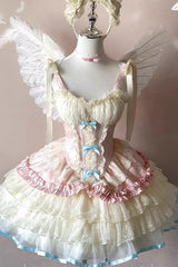 Pink/Beige [Sweet Dream Peach] Sleeveless Multi-Layered Ruffle Bowknot Lace Sweet Ballet Lolita Jsk Dress - Product - 3