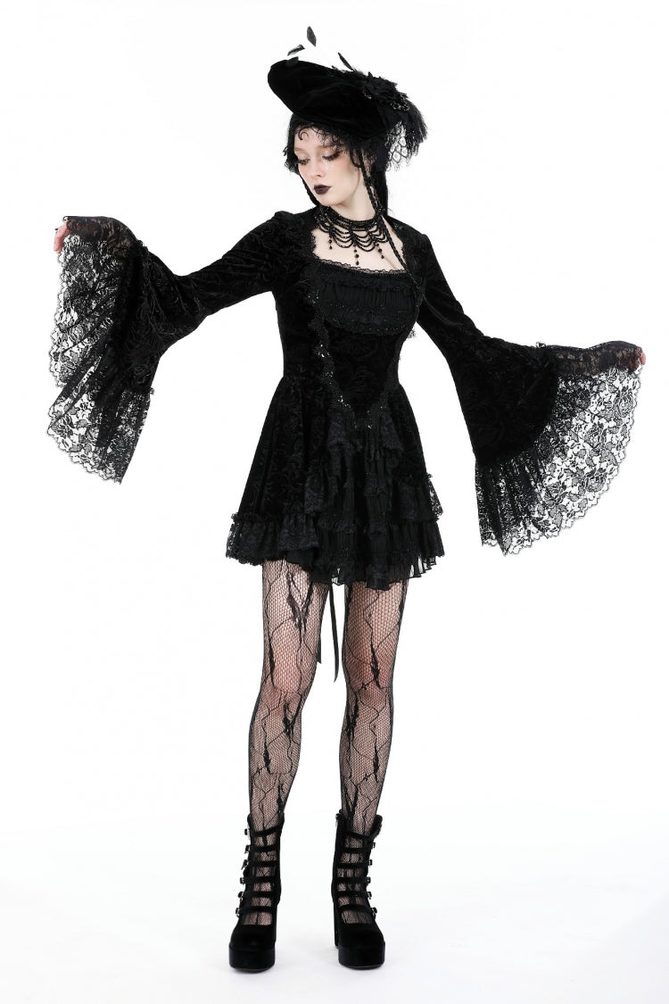 Black Square Collar Long Flared Sleeves Multi-Layered Lace Trim Lace-Up Women's Gothic Velvet Dress - Product - 6