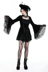 Black Square Collar Long Flared Sleeves Multi-Layered Lace Trim Lace-Up Women's Gothic Velvet Dress - Product - 6