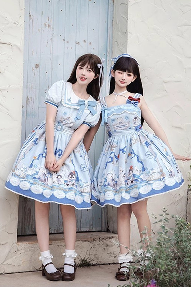 Blue [Penguin Navy] Print Ruffle Bowknot Sweet Princess Lolita Jsk Dress - Product - 4