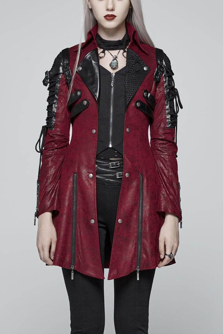 Red Metal Buckle Decoration Zipper Womens Steampunk Windbreaker Coat - Red - 1