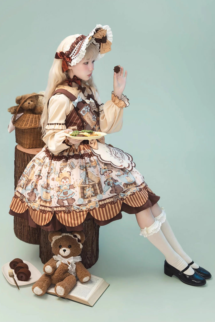 [Bear Cookie] Sleeveless Print Bowknot Sweet Lolita Jsk Dress Set 2 Colors - Product - 6