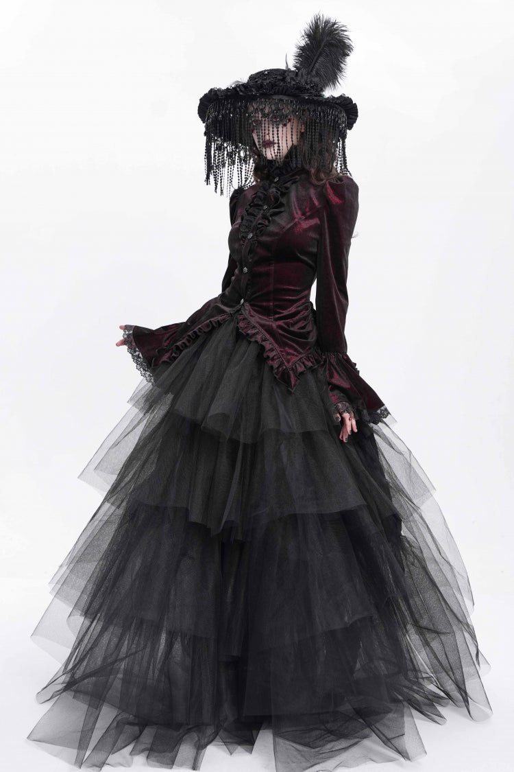Red Stand Collar Long Trumpet Sleeves Ruffle Swallow-tailed Women's Gothic Blouse - Product - 13