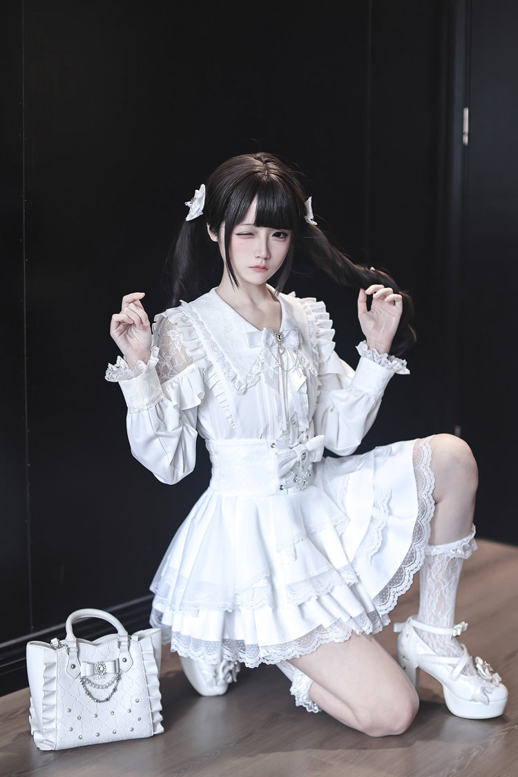 ホワイト [Dreamy Love Ballad] ネイビー 襟 長袖 二層 フリル リボン レース パール Detail スウィート 地雷系 和風 スカートセット 商品画像