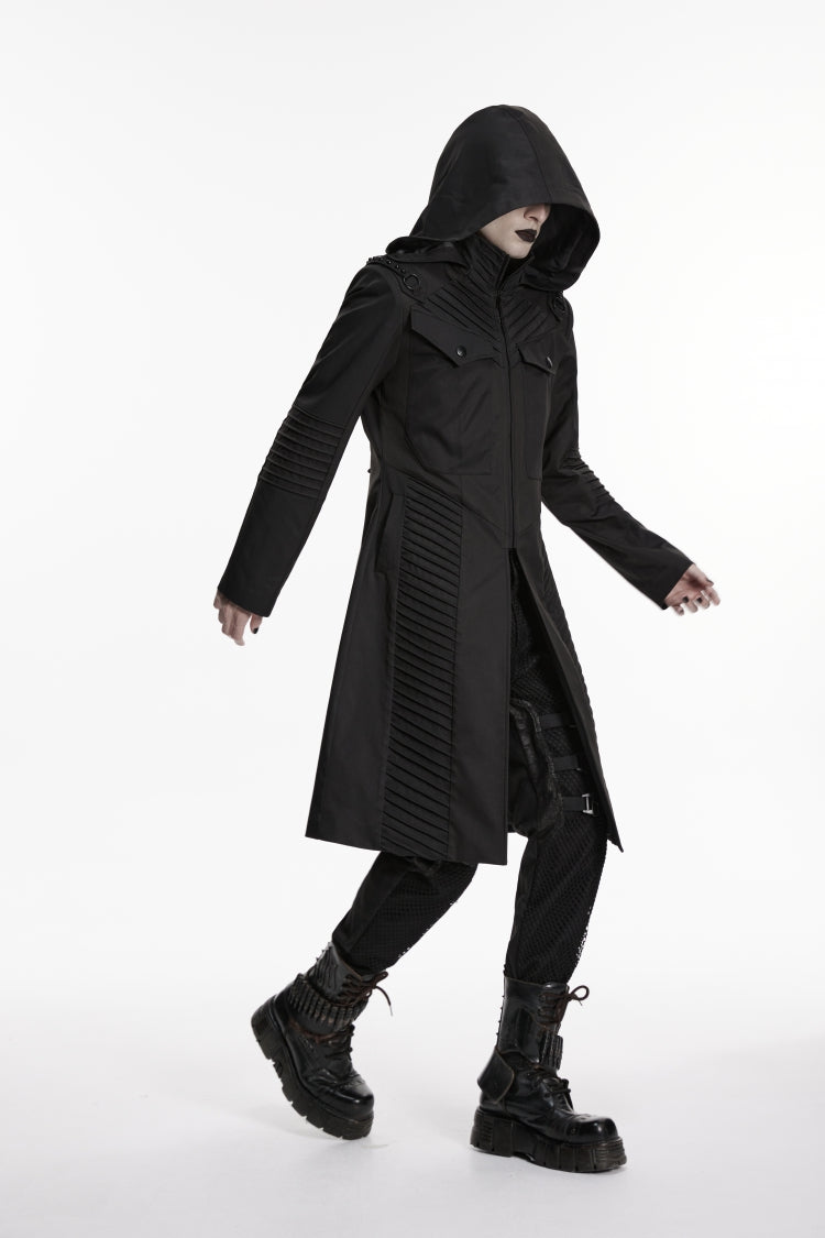Black Stand Collar Long Sleeves Hooded Zippered Men's Punk Jacket - Product - 6