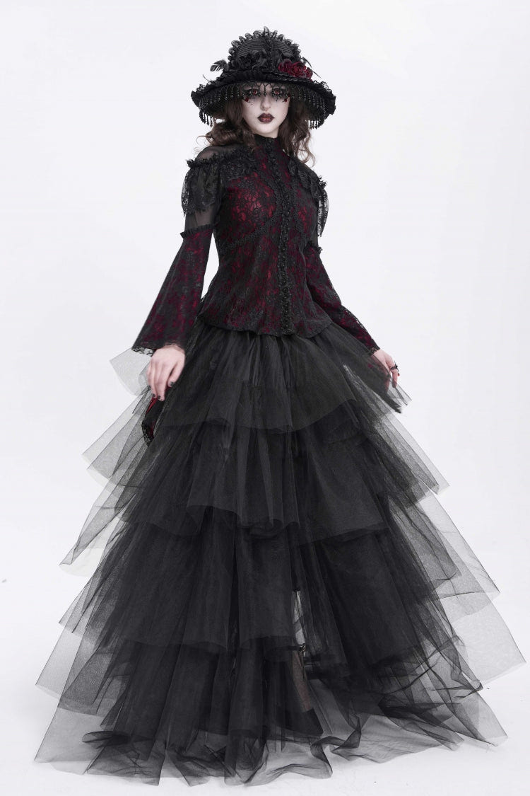 Red Stand Collar Long Trumpet Sleeves Embroidery Stitching Lace Women's Gothic Blouse - Product - 7