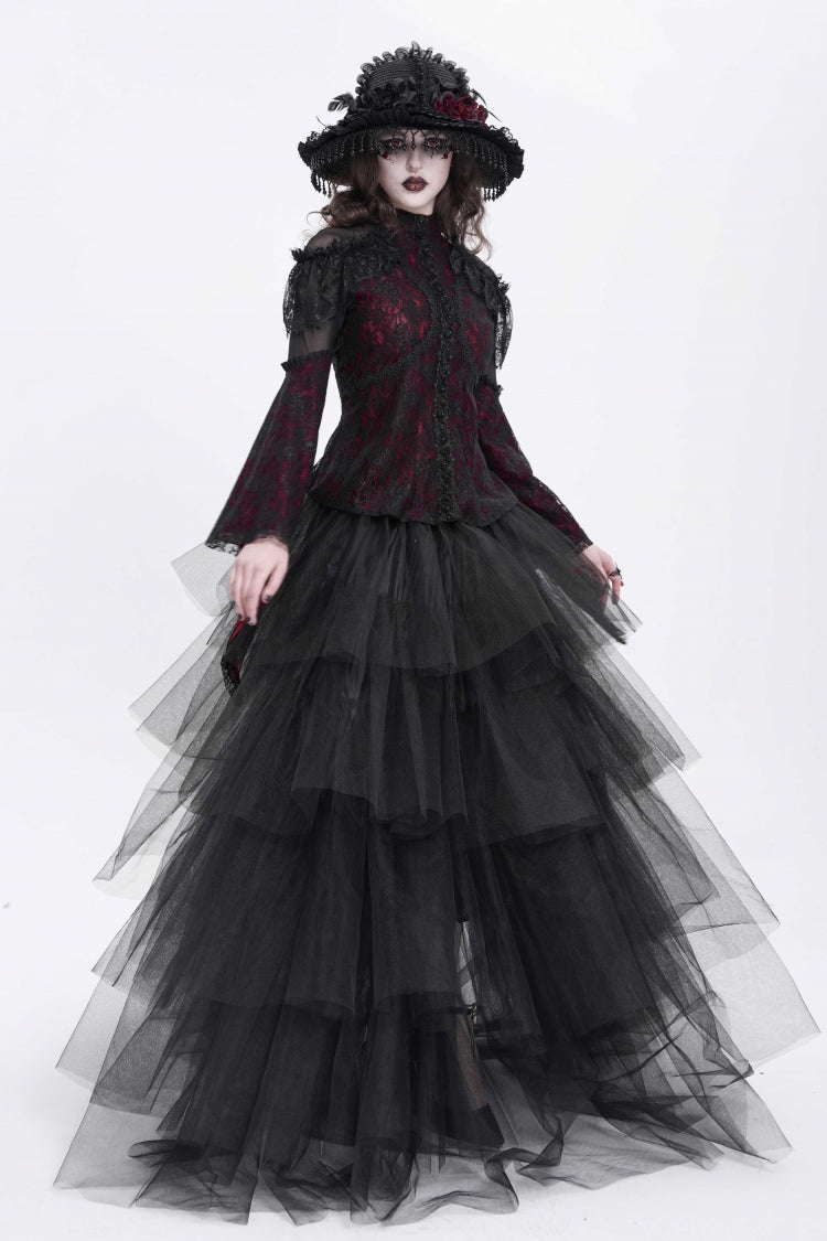 Red Stand Collar Long Trumpet Sleeves Embroidery Stitching Lace Women's Gothic Blouse - Product - 7