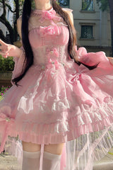 Galaxy Flower Language Multi-Layered Ruffle Bowknot Sweet Lolita Tube Top Dress 2 Colors - Pink - 1