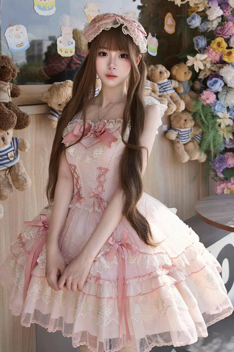 Pink [Candy House] Sleeveless Ruffle Bowknot Lace Lace-Up Sweet Lolita Jsk Dress - Product - 12