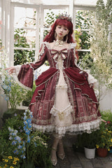 Red Baroque Palace Print Lace Classic Princess Lolita Dress - Red - 1