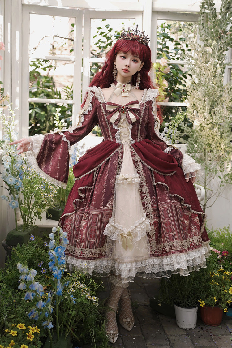 Red Baroque Palace Print Lace Classic Princess Lolita Dress - Red - 1