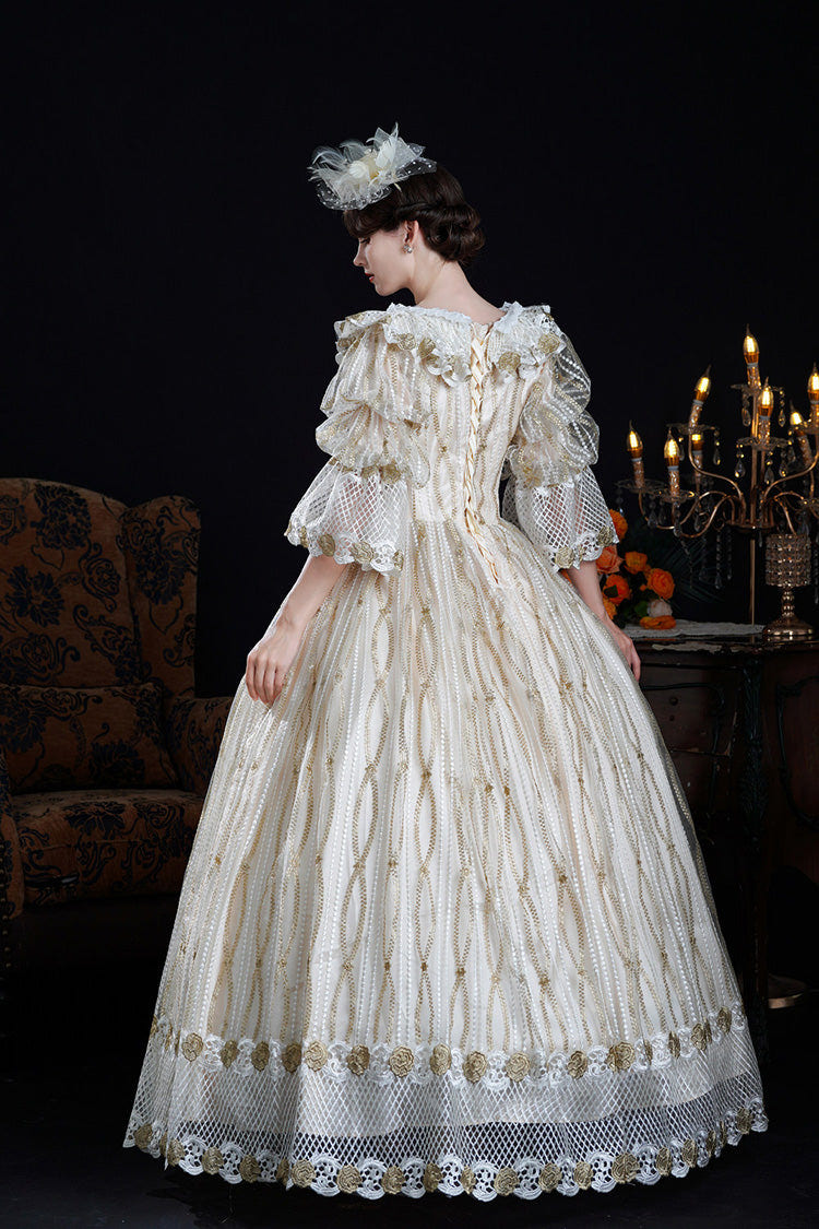 Champagne Long Puff Sleeves Ruffled Cut-Out Mesh Classic Vintage Palace Lolita Victorian Dress - Product - 3