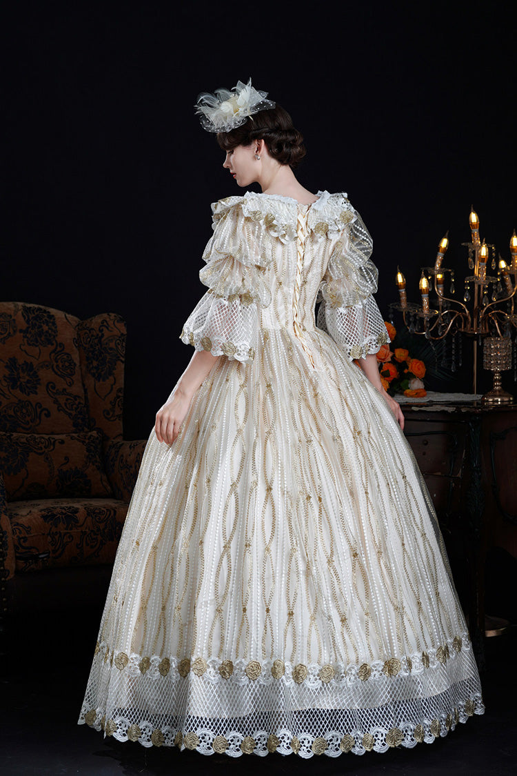 Champagne Long Puff Sleeves Ruffled Cut-Out Mesh Classic Vintage Palace Lolita Victorian Dress - Product - 3