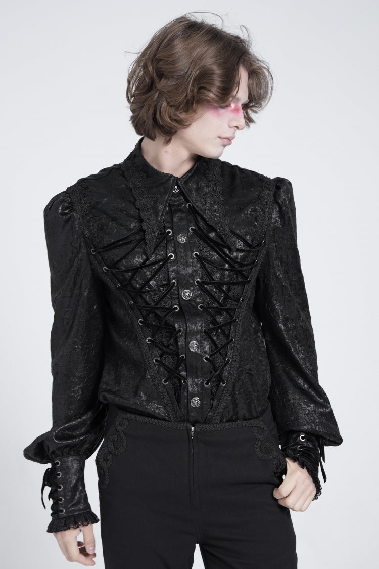 Black Long Puff Sleeves Jacquard Lace Men's Gothic Blouse - Product - 5