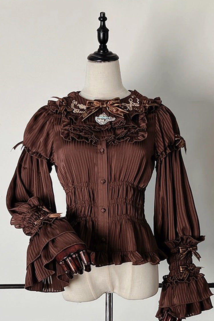 [Teddy Bear Chocolate] Round Collar Long Trumpet Sleeves Ruffle Bowknot Sweet Lolita Blouse 3 Colors - Brown - 1