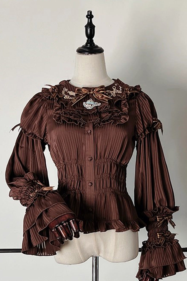 [Teddy Bear Chocolate] Round Collar Long Trumpet Sleeves Ruffle Bowknot Sweet Lolita Blouse 3 Colors - Brown - 1