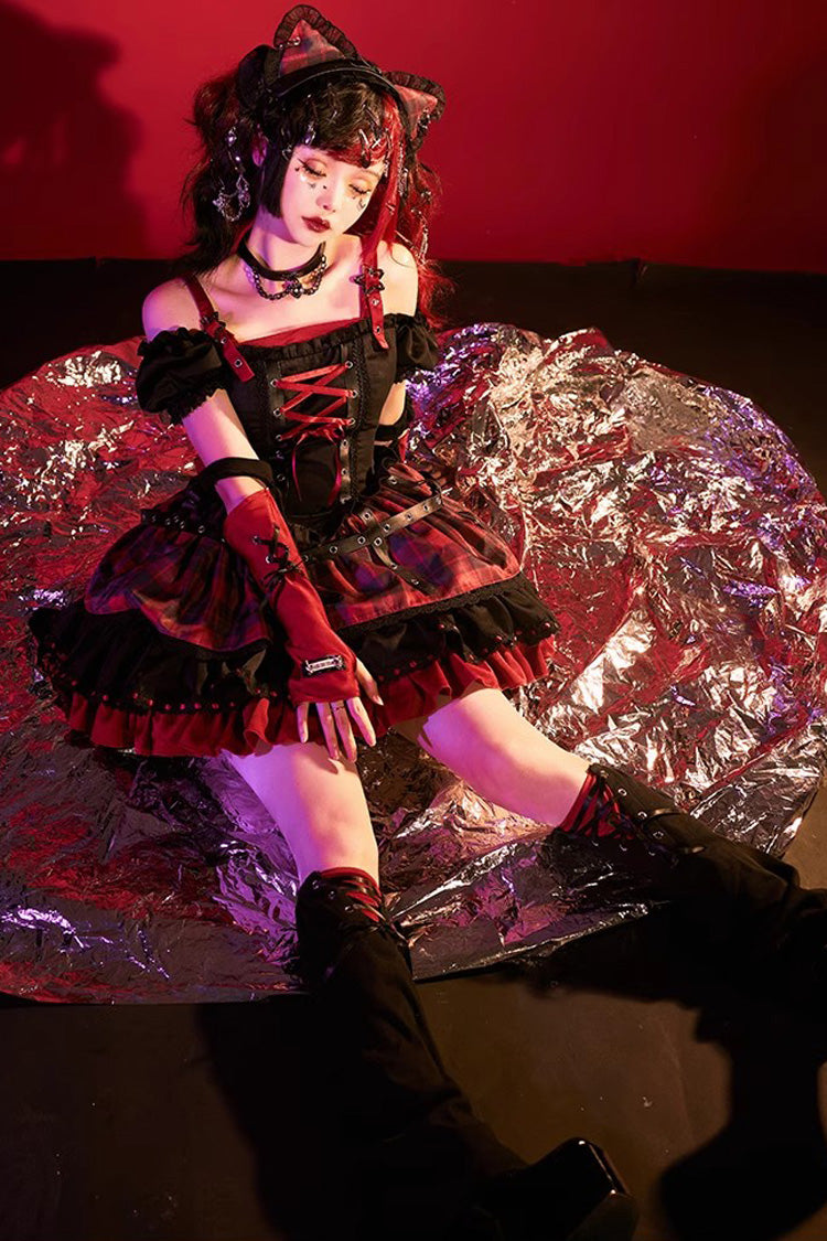 Black/Red Print Ruffle Lace-Up Gothic Japanese Princess Lolita JSK Dress - Product - 6