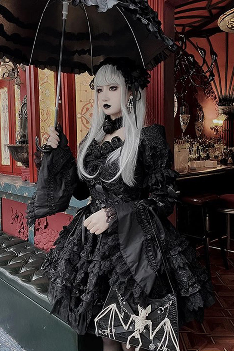 Pure Black Puff Short Sleeves Princess Gothic Lolita Tiered Dress - Product - 9