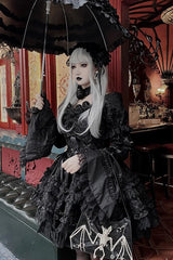 Pure Black Puff Short Sleeves Princess Gothic Lolita Tiered Dress - Product - 9
