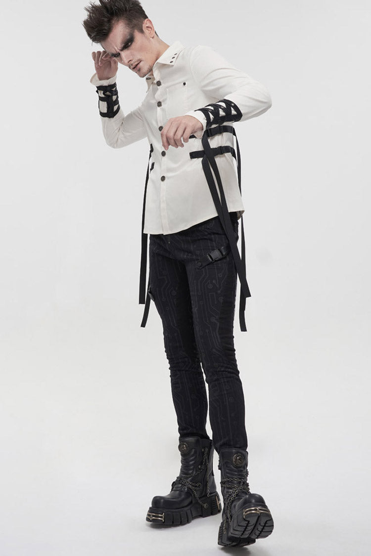 White Punk Nylon Strap Metal Buckle Decoration Long Sleeve Elasticity Thick Men's Shirt - Product - 5