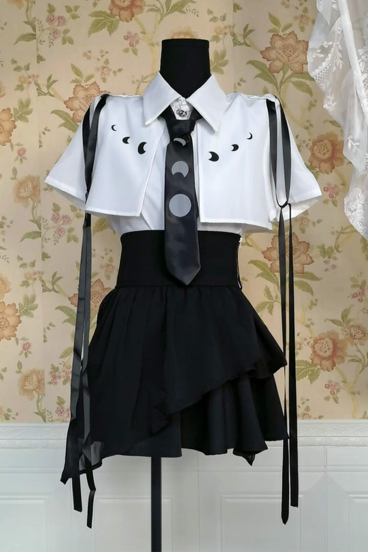 Black/White Short Sleeves Ruffle Asymmetric Gothic Jirai Kei Skirt Blouse Set - Product - 8