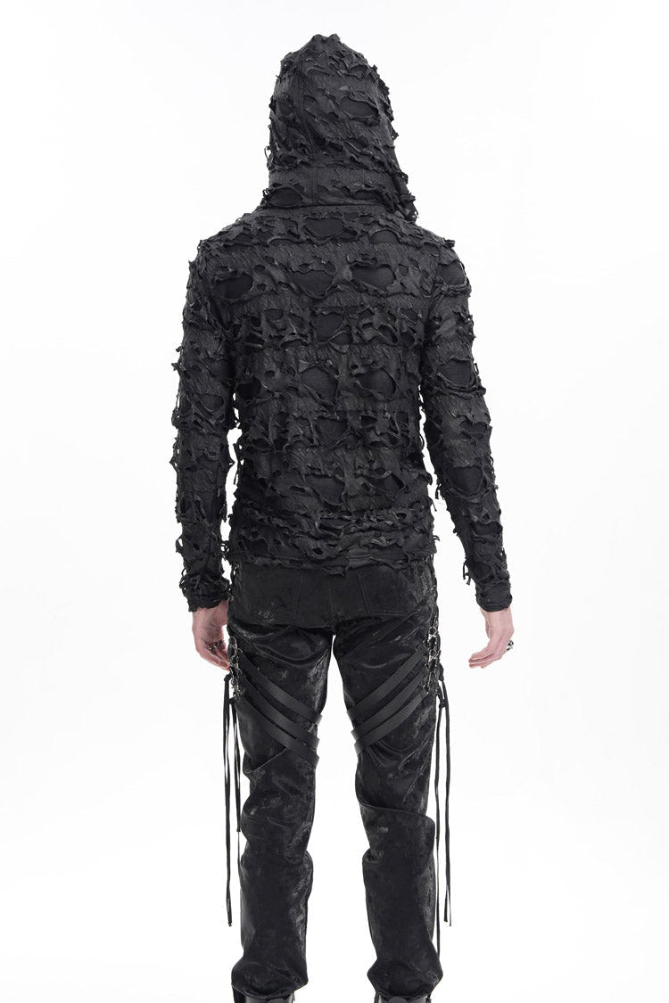 Black Studs Long Sleeves Lace-Up Ripped Men's Gothic Hooded Coat - Product - 6