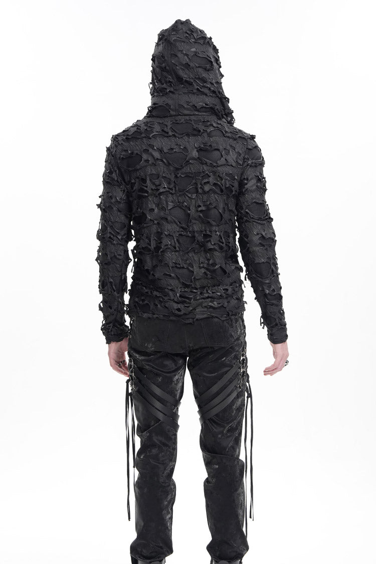 Black Studs Long Sleeves Lace-Up Ripped Men's Gothic Hooded Coat - Product - 6