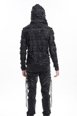 Black Studs Long Sleeves Lace-Up Ripped Men's Gothic Hooded Coat - Product - 6