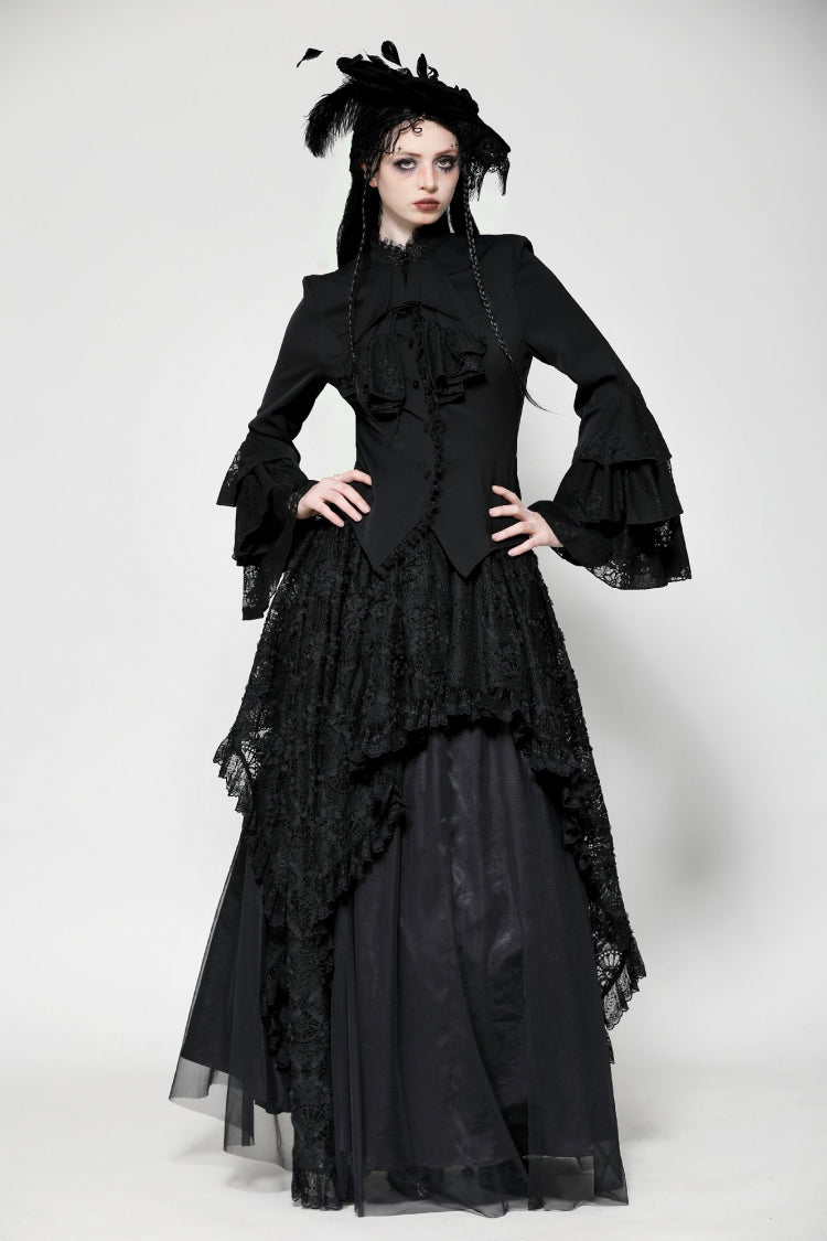 Black Lace Stand Collar Multi-Layered Ruffled Long Flared Sleeves Women's Gothic Blouse - Product - 8
