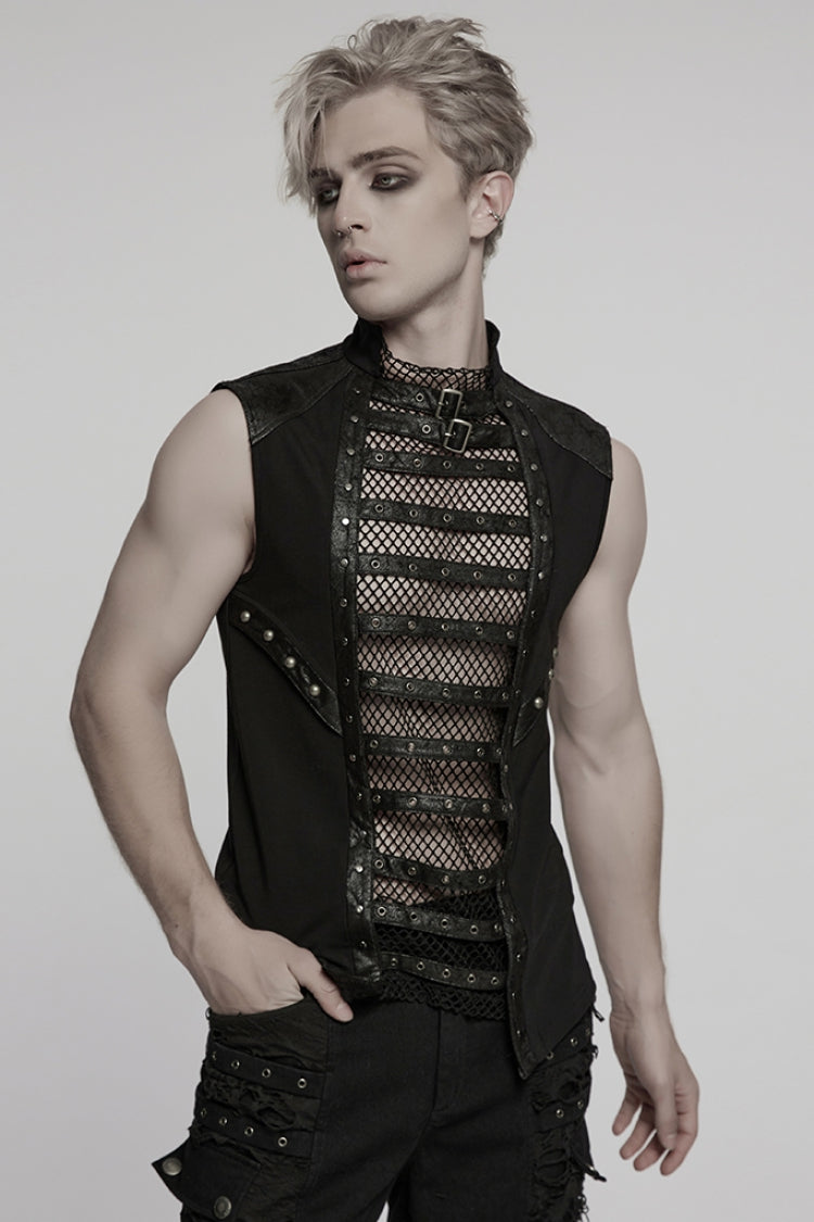 Black Sleeveless Stitching Mesh Eyelet Straps Men's Punk Vest - Product - 2