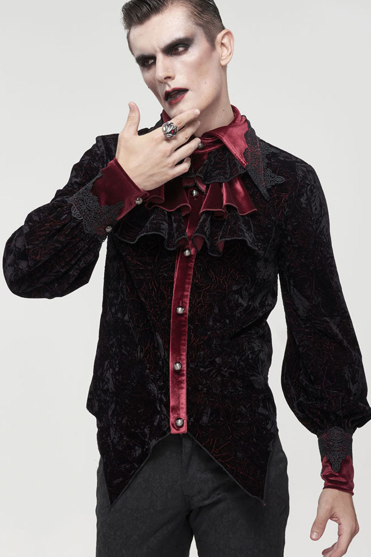 Black/Red Gothic Lace Stand Collar Ruffle Lantern Sleeves Velvet Crack Men's Shirt - Product - 2