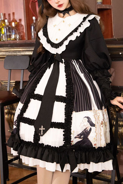 Black/White Dark Gold Hymn Bowknot Square Collar Long Sleeves Cardigan Ruffled Gothic Lolita OP Dress - Black/White - 1