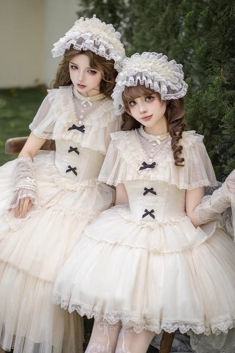 Ivory [The Oath of White Mist] Edwardian Collar Long Sleeves Multi-Layered Ruffled Bow Lace Fishbone Sweet Lolita Dress 2 Versions - Product - 9