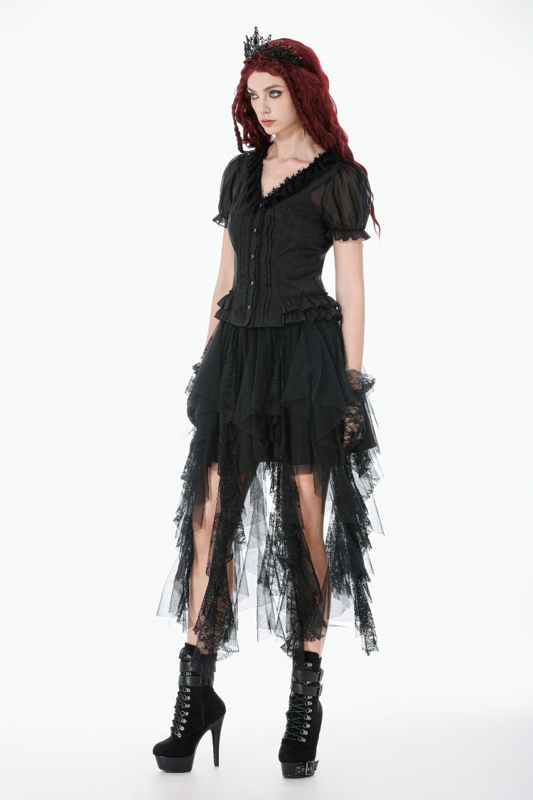 Black Deep V Collar Short Puff Sleeves Multi-Layered Ruffled Lace Sheer Women's Gothic Blouse - Product - 10